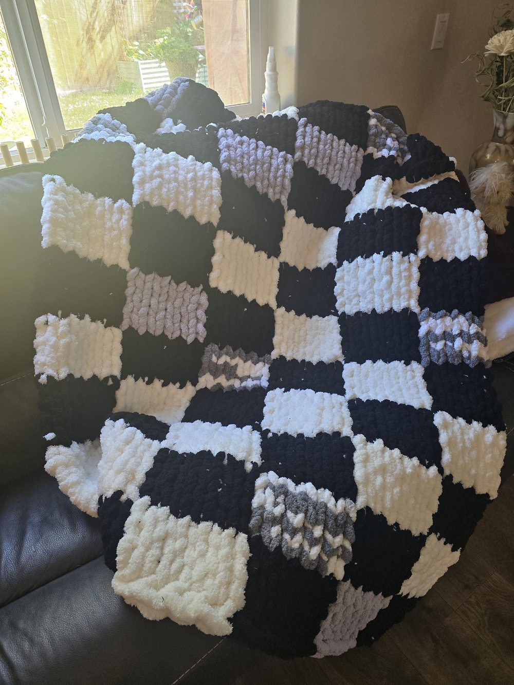 Hand Made Chunky Checkerboard Crochet Blanket - Black & White